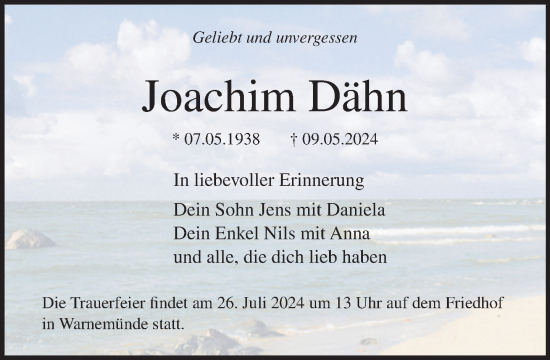 Traueranzeige von Joachim Dähn von Norddeutsche Neueste Nachrichten