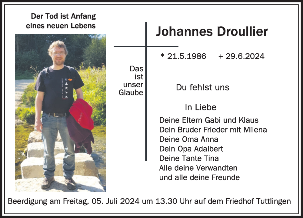  Traueranzeige für Johannes Droullier vom 03.07.2024 aus 