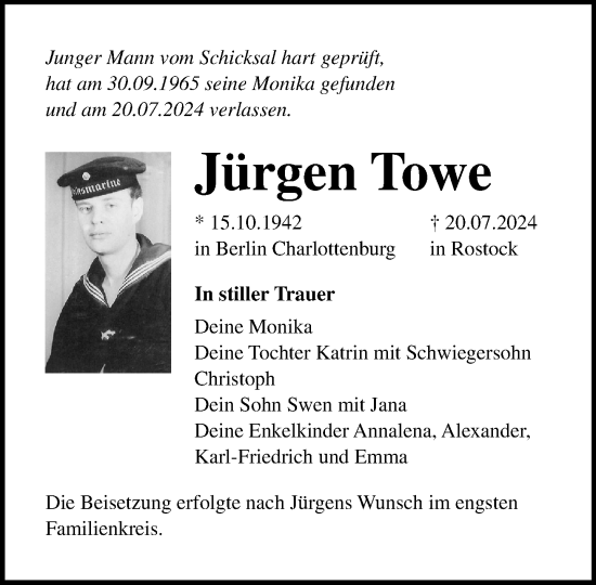 Traueranzeige von Jürgen Towe von Norddeutsche Neueste Nachrichten