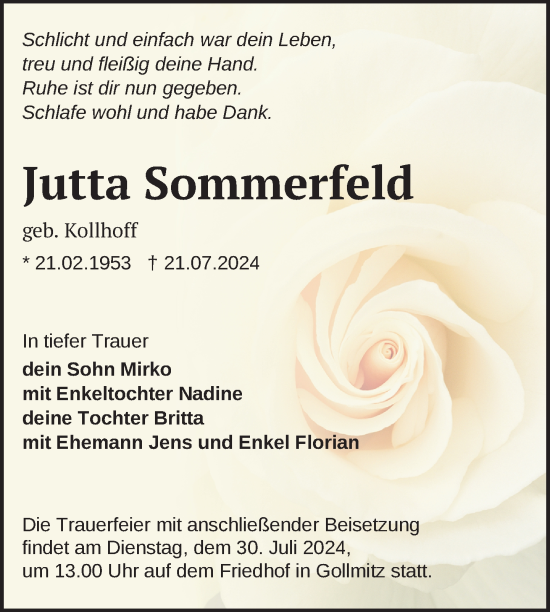 Traueranzeige von Jutta Sommerfeld von Uckermark Kurier Prenzlauer Zeitung