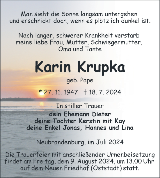 Traueranzeige von Karin Krupka von Nordkurier Neubrandenburger Zeitung