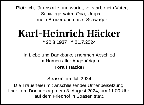 Traueranzeige von Karl-Heinrich Häcker von Nordkurier Strelitzer Zeitung
