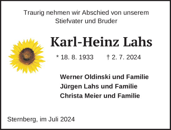 Traueranzeige von Karl-Heinz Lahs von Anzeiger für Sternberg - Brüel - Warin