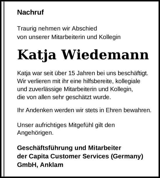 Traueranzeige von Katja Wiedemann von Nordkurier Vorpommern Kurier