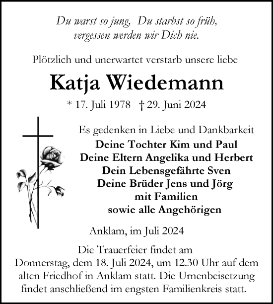 Traueranzeige von Katja Wiedemann von Nordkurier Vorpommern Kurier