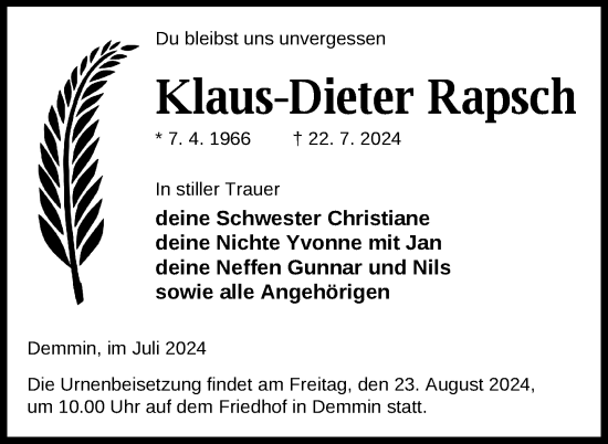 Traueranzeige von Klaus-Dieter Rapsch von Nordkurier Demminer Zeitung