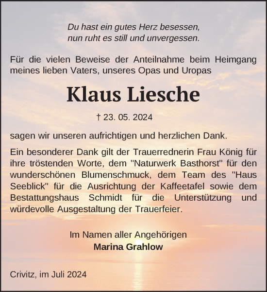 Traueranzeige von Klaus Liesche von Zeitung für die Landeshauptstadt