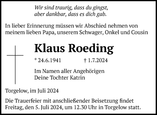 Traueranzeige von Klaus Roeding von Nordkurier Haff-Zeitung