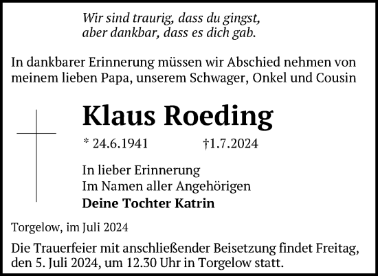 Traueranzeige von Klaus Roeding von Nordkurier Haff-Zeitung