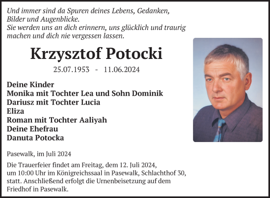 Traueranzeige von Krzysztof Potocki von Nordkurier Pasewalker Zeitung