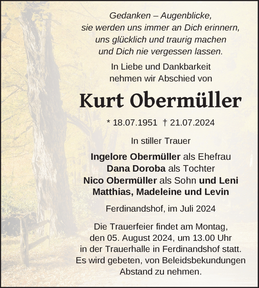  Traueranzeige für Kurt Obermüller vom 26.07.2024 aus Nordkurier Haff-Zeitung