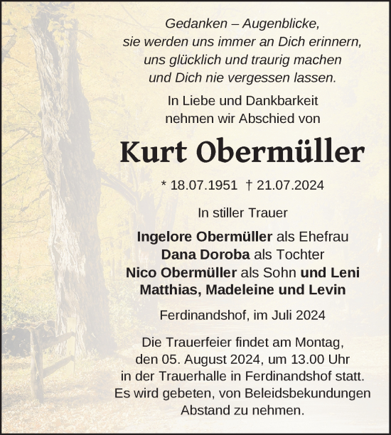 Traueranzeige von Kurt Obermüller von Nordkurier Haff-Zeitung