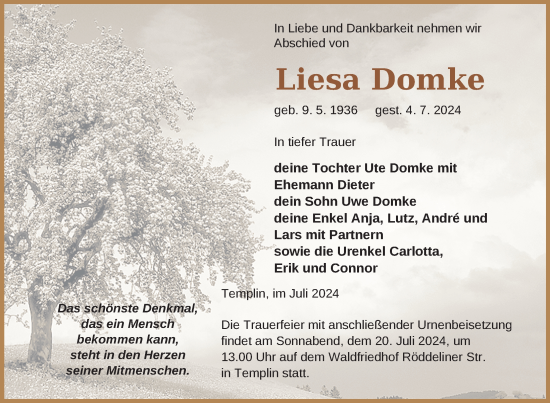 Traueranzeige von Liesa Domke von Uckermark Kurier Templiner Zeitung