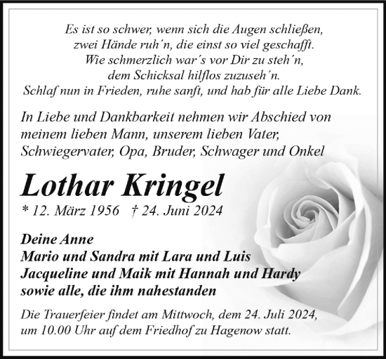 Traueranzeige von Lothar Kringel von Hagenower Kreisblatt