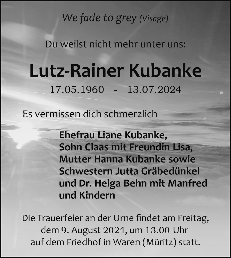  Traueranzeige für Lutz Rainer Kubanke vom 26.07.2024 aus Nordkurier Müritz-Zeitung