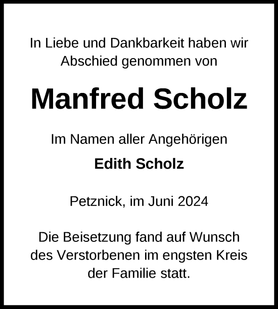 Traueranzeige von Manfred Scholz von Uckermark Kurier Templiner Zeitung