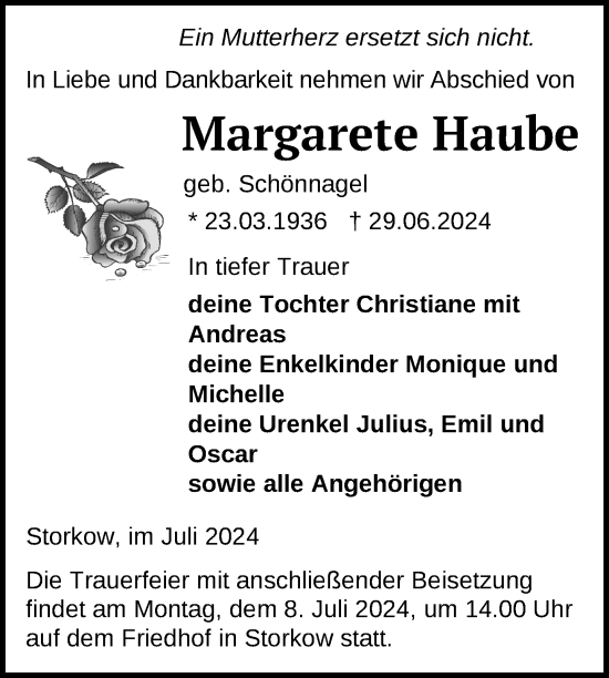 Traueranzeige von Margarete Haube von Uckermark Kurier Templiner Zeitung
