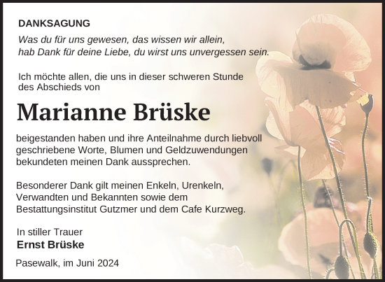 Traueranzeige von Marianne Brüske von Nordkurier Pasewalker Zeitung