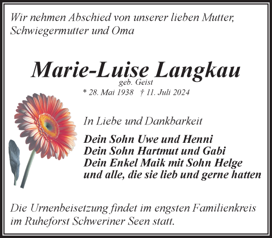 Traueranzeige von Marie-Luise Langkau von Güstrow und Bützow
