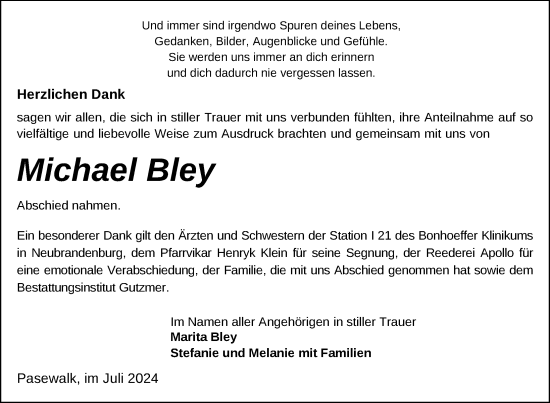 Traueranzeige von Michael Bley von Nordkurier Pasewalker Zeitung