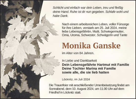 Traueranzeige von Monika Ganske von Nordkurier Pasewalker Zeitung