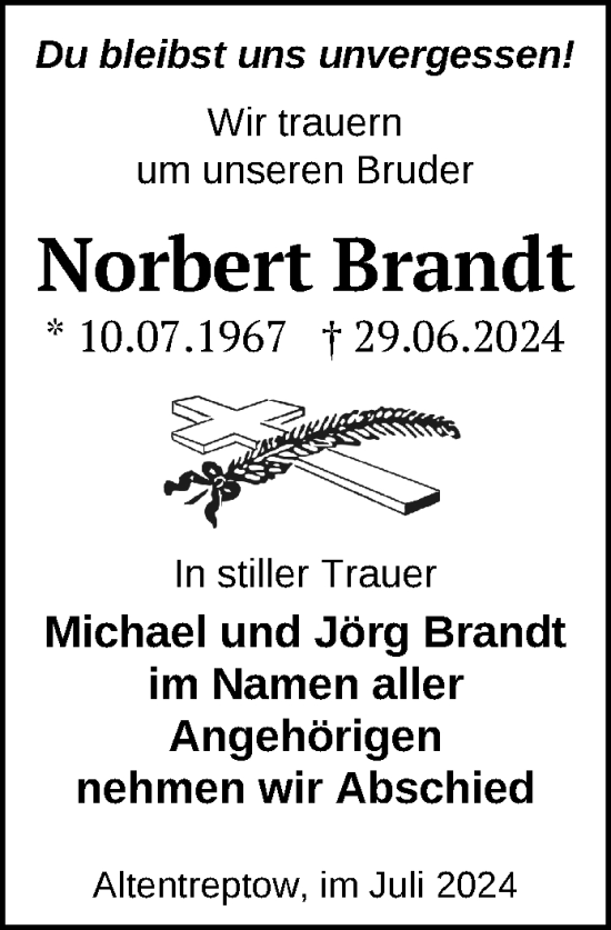 Traueranzeige von Norbert Brandt von Nordkurier Neubrandenburger Zeitung