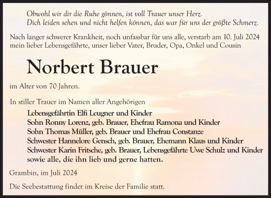 Traueranzeige von Norbert Brauer von Nordkurier Haff-Zeitung