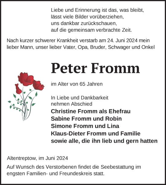 Traueranzeige von Peter Fromm von Nordkurier Neubrandenburger Zeitung