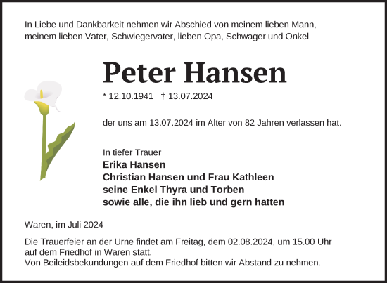 Traueranzeige von Peter Hansen von Nordkurier Müritz-Zeitung