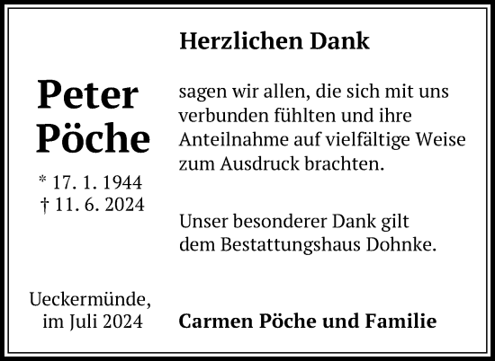 Traueranzeige von Peter Pöche von Nordkurier Haff-Zeitung