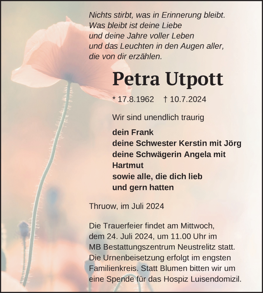  Traueranzeige für Petra Utpott vom 17.07.2024 aus Nordkurier Strelitzer Zeitung