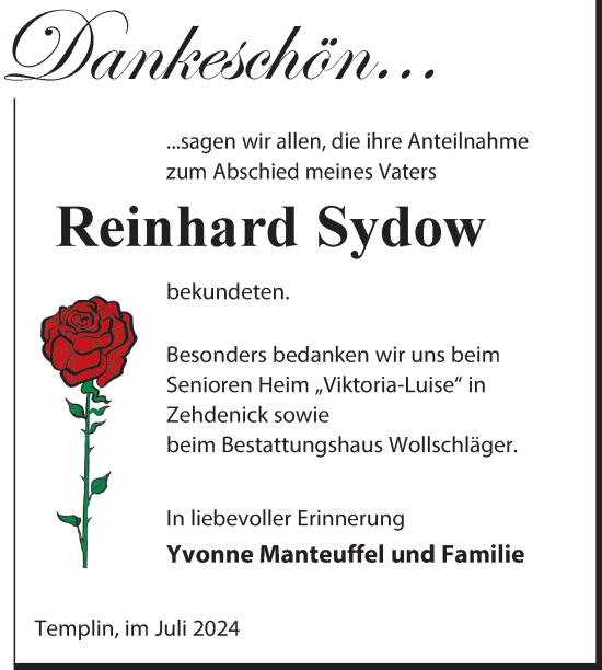 Traueranzeige von Reinhard Sydow von Uckermark Kurier Templiner Zeitung