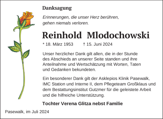 Traueranzeige von Reinhold Mlodochowski von Nordkurier Pasewalker Zeitung