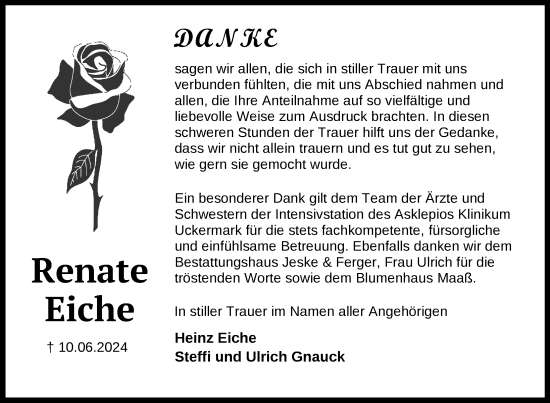 Traueranzeige von Renate Eiche von Uckermark Kurier Prenzlauer Zeitung