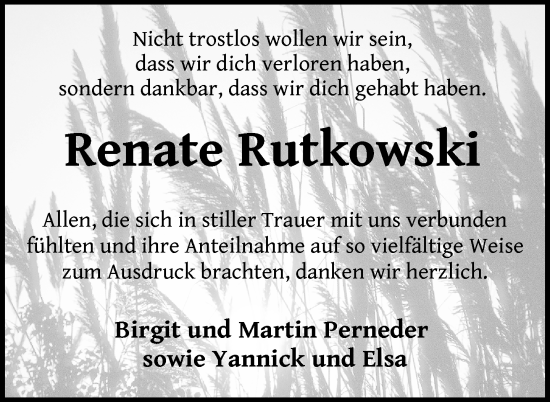 Traueranzeige von Renate Rutkowski von Nordkurier Mecklenburger Schweiz