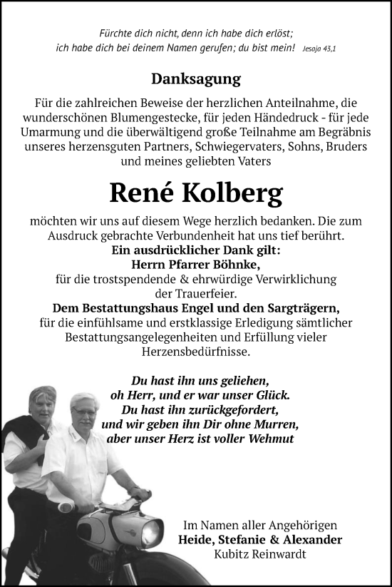 Traueranzeige von Rene Kolberg von Uckermark Kurier Templiner Zeitung