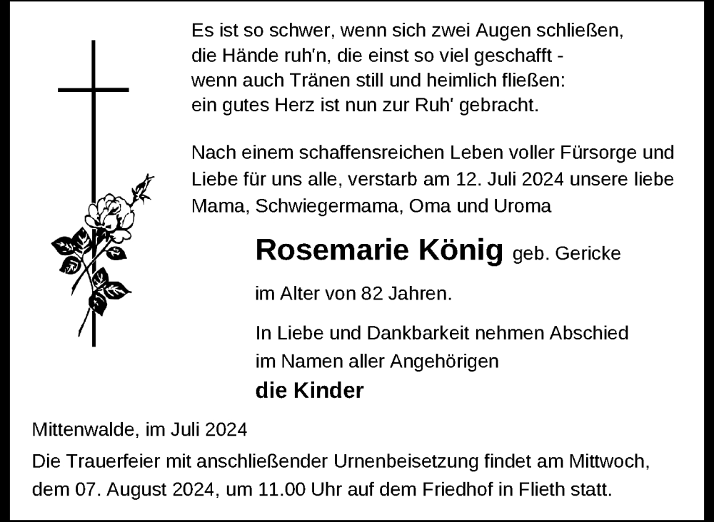  Traueranzeige für Rosemarie König vom 26.07.2024 aus Uckermark Kurier Templiner Zeitung