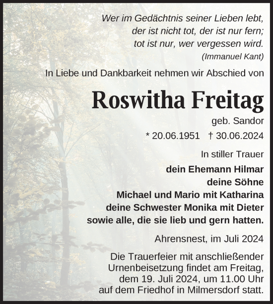 Traueranzeige von Roswitha Freitag von Uckermark Kurier Templiner Zeitung