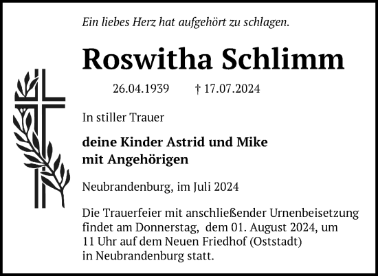 Traueranzeige von Roswitha Schlimm von Nordkurier Neubrandenburger Zeitung