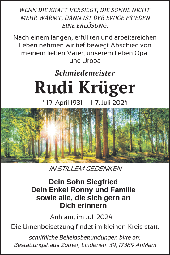 Traueranzeige von Rudi Krüger von Nordkurier Vorpommern Kurier