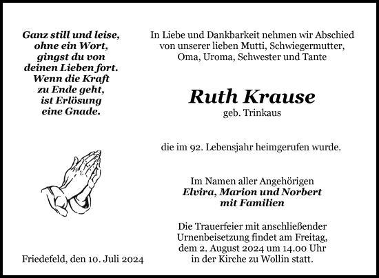 Traueranzeige von Ruth Krause von Nordkurier Grosso