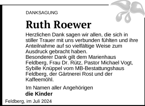 Traueranzeige von Ruth Roewer von Nordkurier Strelitzer Zeitung