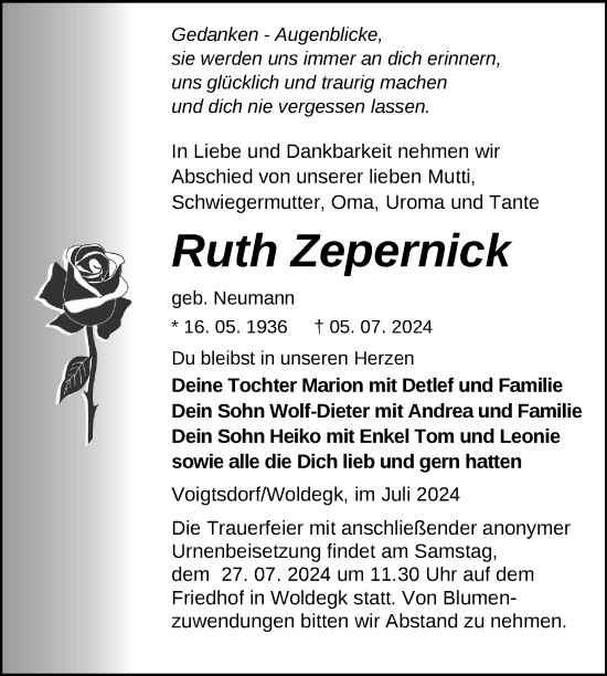 Traueranzeige von Ruth Zepernick von Nordkurier Pasewalker Zeitung