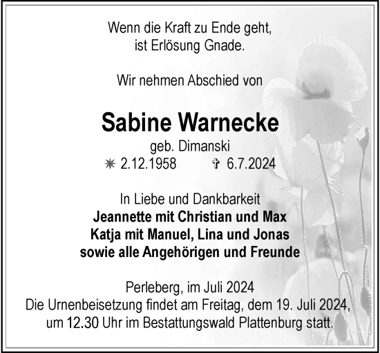 Traueranzeige von Sabine Warnecke von Der Prignitzer