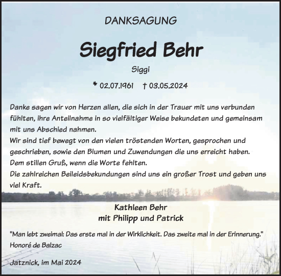 Traueranzeige von Siegfried Behr von Nordkurier Pasewalker Zeitung