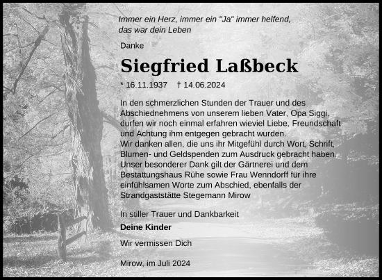 Traueranzeige von Siegfried Laßbeck von Nordkurier Strelitzer Zeitung