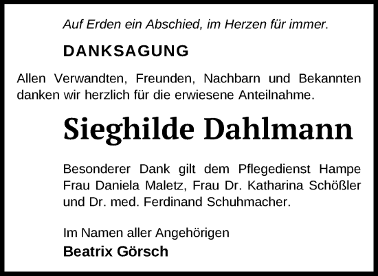 Traueranzeige von Sieghilde Dahlmann von Uckermark Kurier Templiner Zeitung