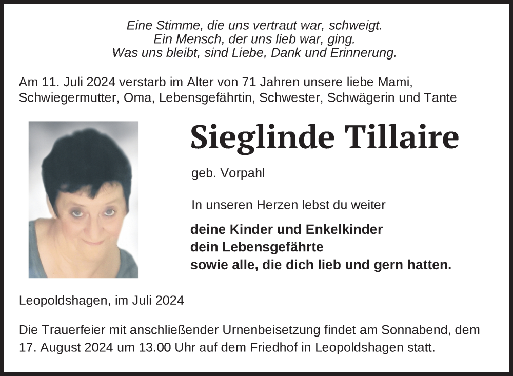  Traueranzeige für Sieglinde Tillaire vom 19.07.2024 aus Nordkurier Haff-Zeitung