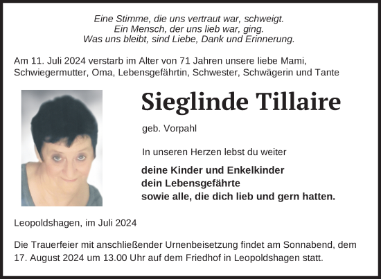 Traueranzeige von Sieglinde Tillaire von Nordkurier Haff-Zeitung