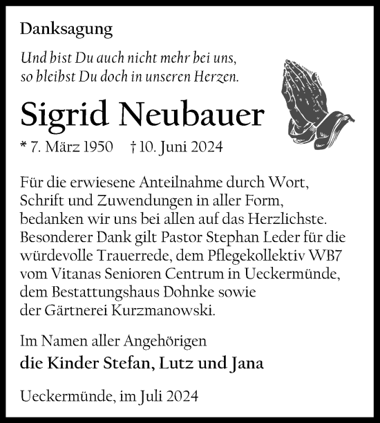 Traueranzeige von Sigrid Neubauer von Nordkurier Haff-Zeitung